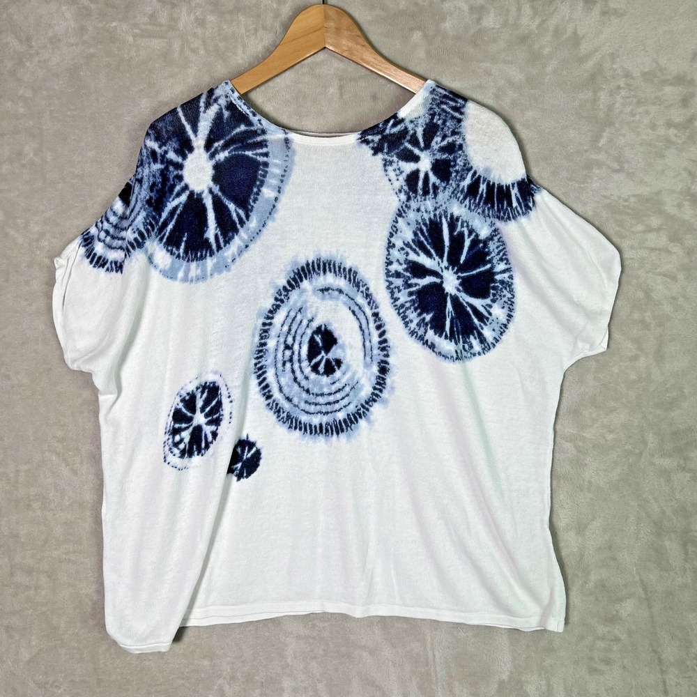 PURE‎ JILL J JILL Medium White Blue Tie-Dye Knit Top Linen Blend Boxy Oversized